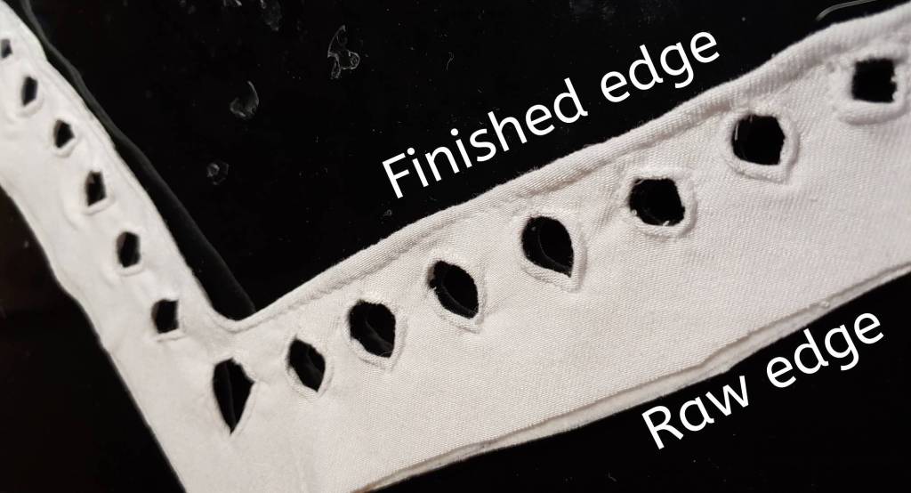 Diagram showing the finished edge and the raw edge of the collar.