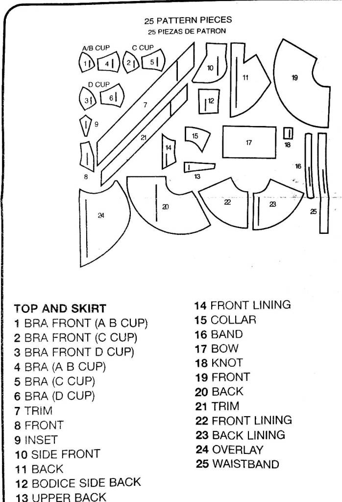 Pattern piece guide. Custom cup sizes are all marked separately here