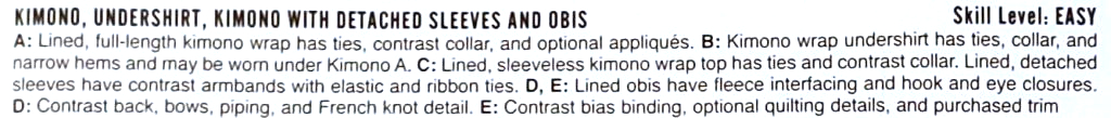 Kimono description with the skill level listed