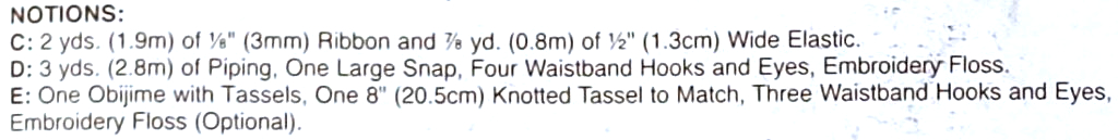 Notions required to complete each kimono piece