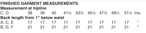 finished garment measurements listed in a table