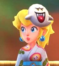 Princess Peach with a Boo festival mask