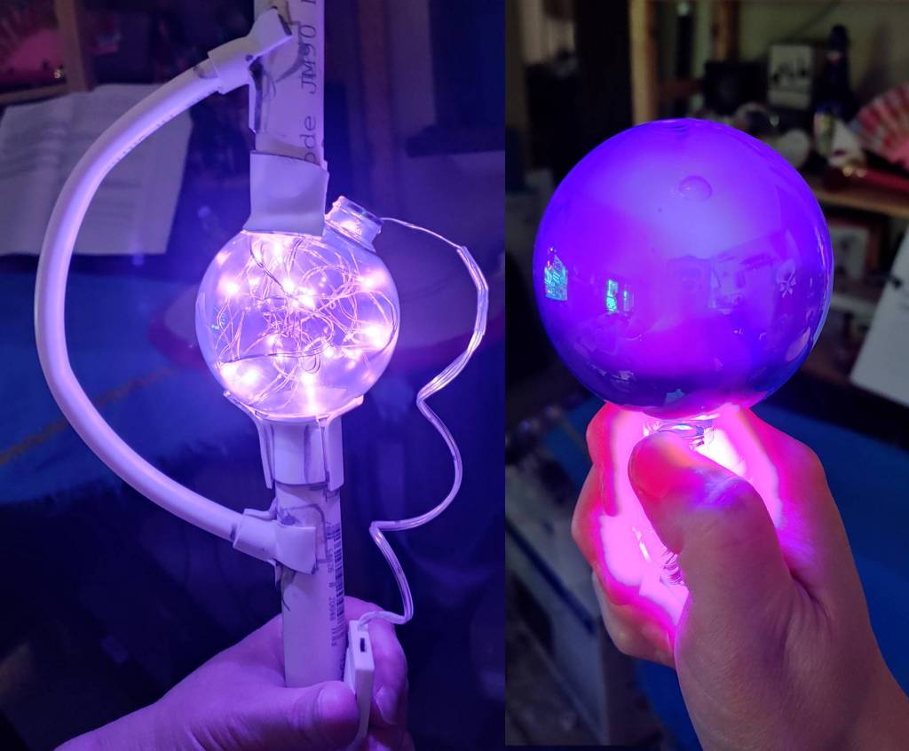 The difference of shoving lights inside the ornament (left) with shining them inside from the neck (right)