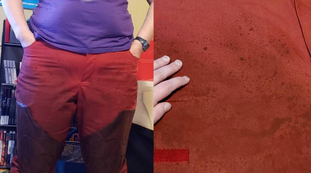 Weathered pants with a closeup of the weathered details