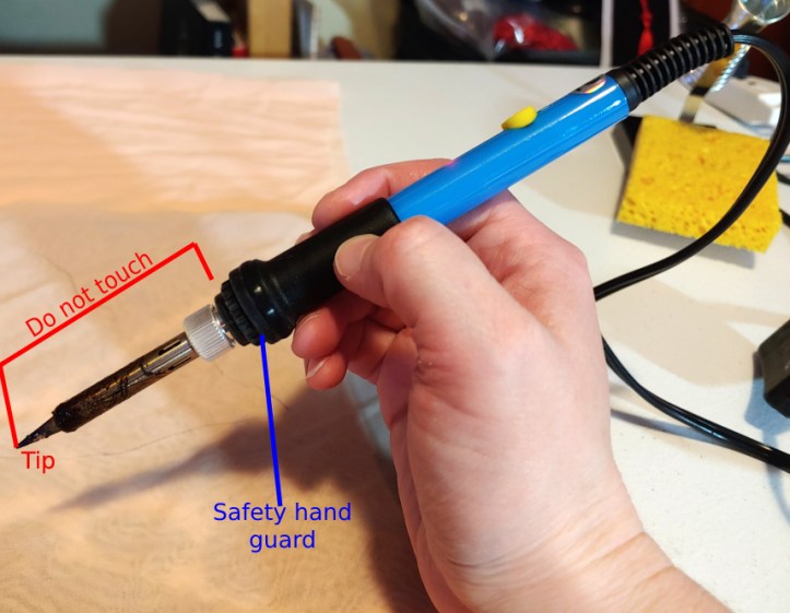 Diagram of a soldering iron, including where the safety grip is