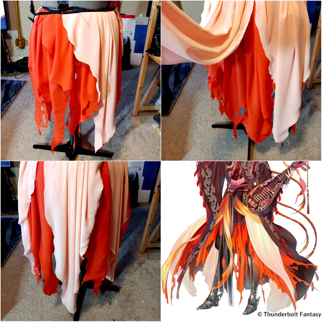 Finished chiffon flame skirt, shown from multiple angles along with a reference pic.