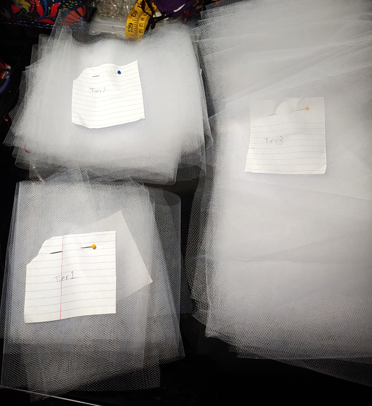 Piles of petticoat tiers, pinned and labeled.