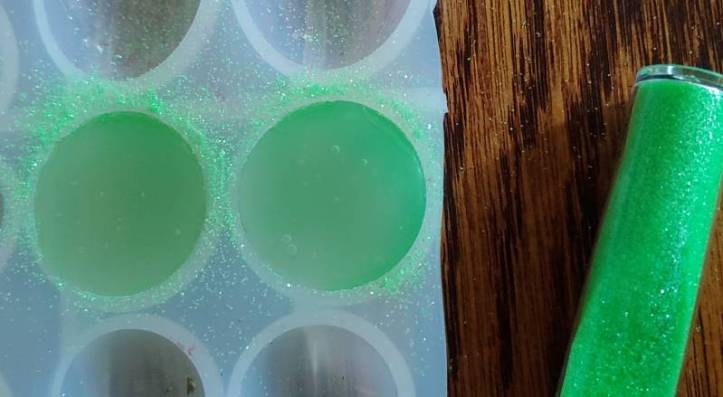 glued gems, cooling off. They look radioactive by using neon glitter