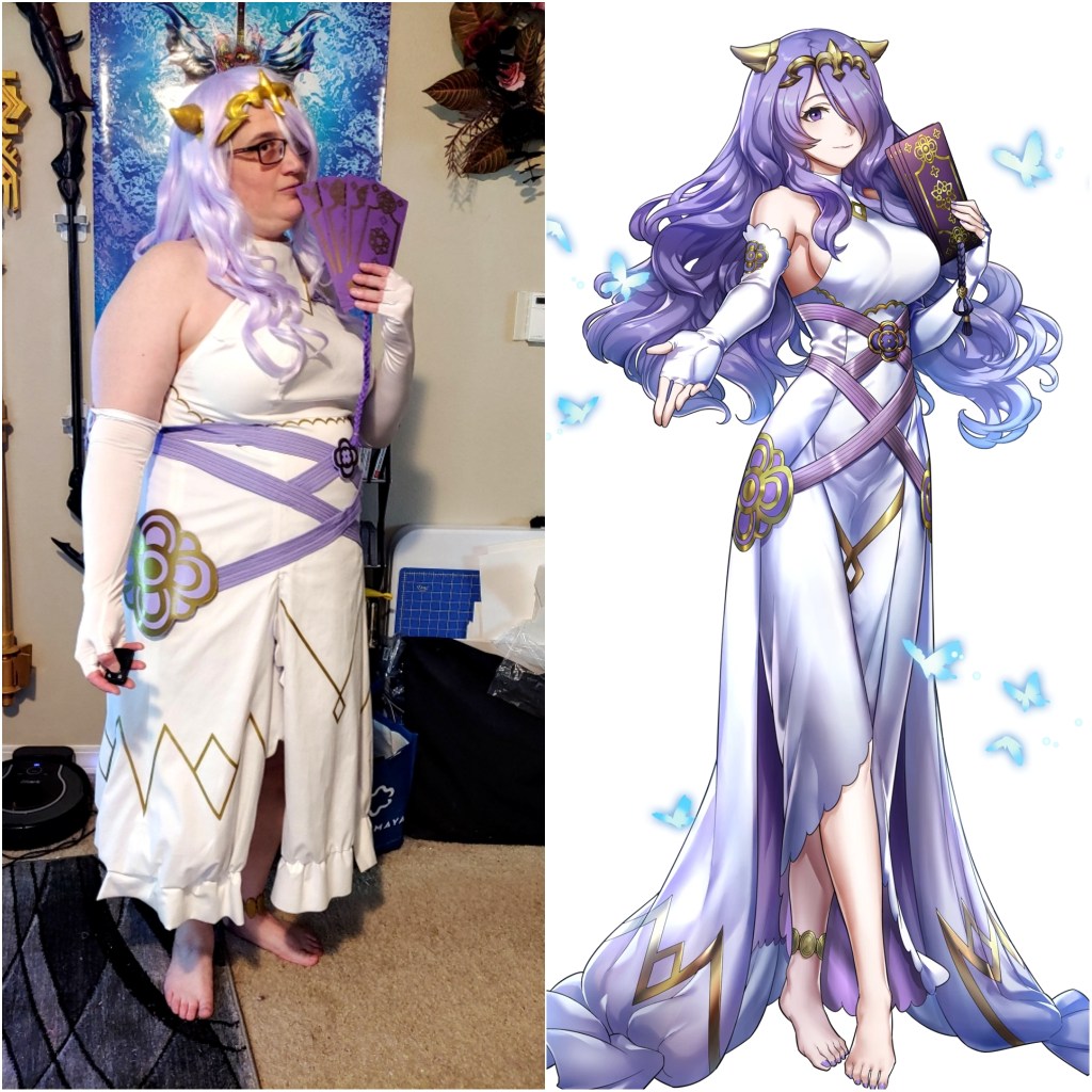 Adrift Camilla from Fire Emblem Heroes. She has a lot of straps crossing her midsection and hanging down the dress.