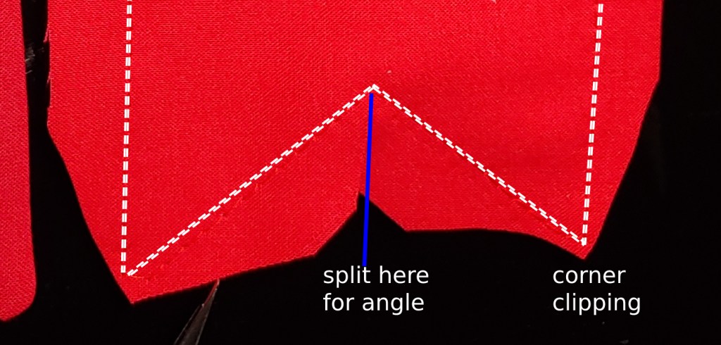 Stitches marked in white show the placement of both corner and angle clipping to prevent pulling and bunching.