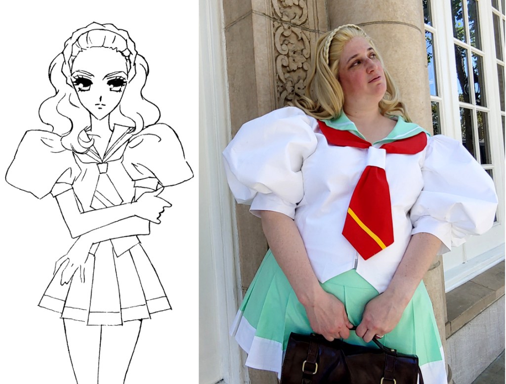 Concept art vs cosplay of giant puff sleeves from Utena