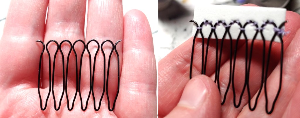 Wire removed from the fabric (left) and then sewn down to a piece of foam (right)