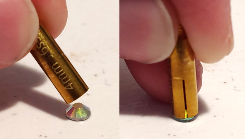 How to find the perfect fit. The bit should fit snugly on the rhinestone with  only a little bit of the sides sticking out at the bottom.