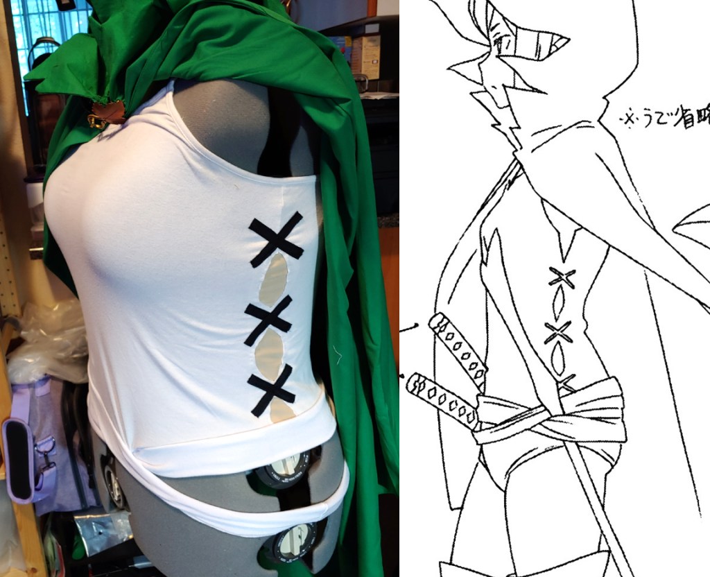 Ryu Lion from DanMachi. Up the side of her shirt are several cutouts with black Xs in between each cutout. The dress form shows the modesty panels (right) while the concept art shows the in-show design (left)