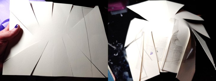 paper cut from the edges (left) and partially taped together to form a hump shape (right)