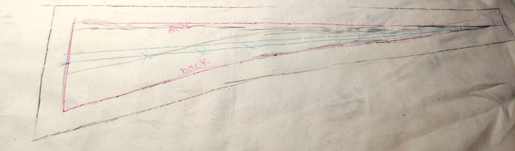Completed pattern. Blue is the center line. Pink marks the edge of the boots. Black is the seam allowance added.