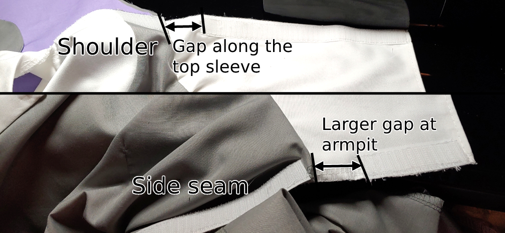 Placement of gaps along the sleeve and side seams. There is a smaller gap along the top seam of the sleeve while the armpit has a larger gap to prevent scratching.