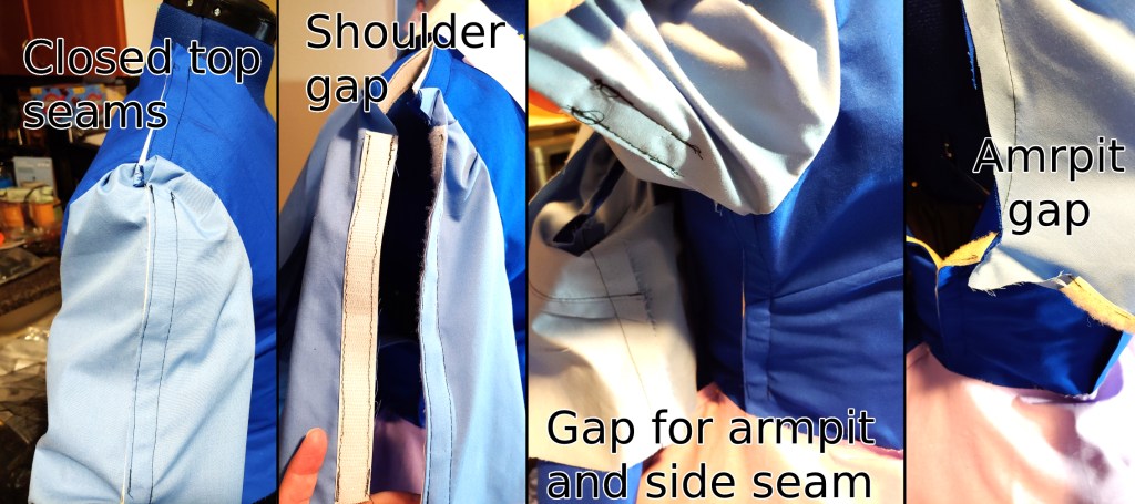 Velcro placements shown with the colorful pattern mockup. From left to right: Closed top seams showing the shoulder and sleeve closed, shoulder gap with the sleeve unvelcroed, armpit and side seam velcro shown closed with stitches showing placement, armpit gap shown with the sleeve and side unvelcroed.