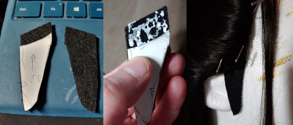 Attaching the sideburn to the wig. Photos from left to right: cutting the pattern out, gluing the piece, then slipping it underneath the wig.,