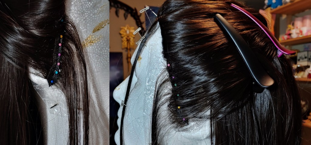 Wefts glued underneath the felt while the rest are pinned back