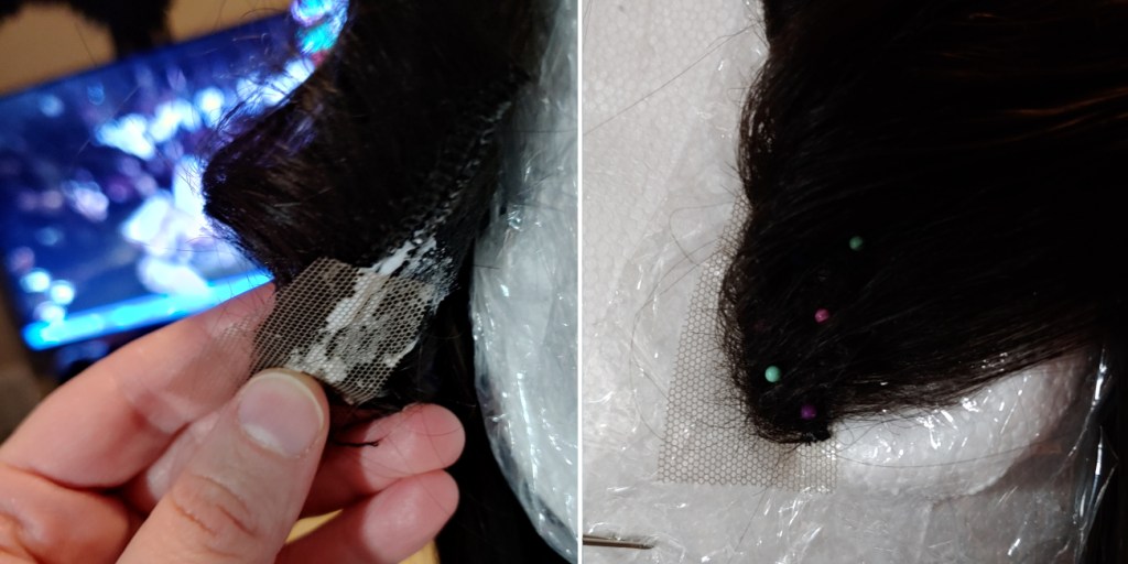 Attaching the wig lace. (left) the underside of the sideburn with the lace positioned. The white glue is fresh and visible. (right) the lace and sideburns pinned down as the glue dries.