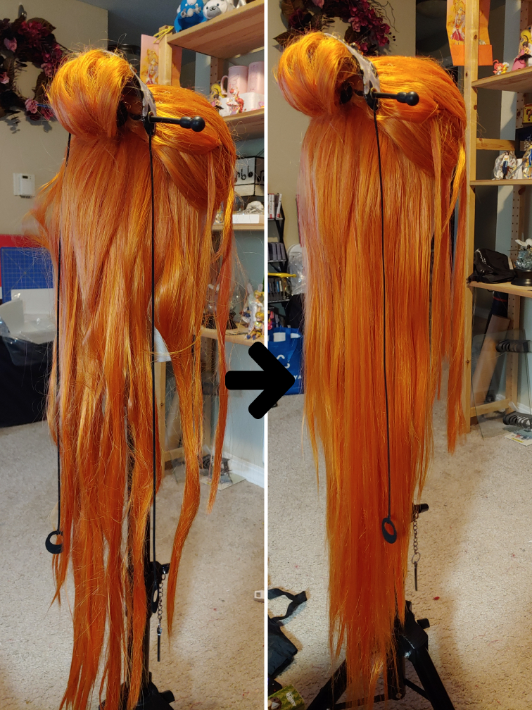 The wig from start (it's so matted!) to finished (it's so nice and smooth!)