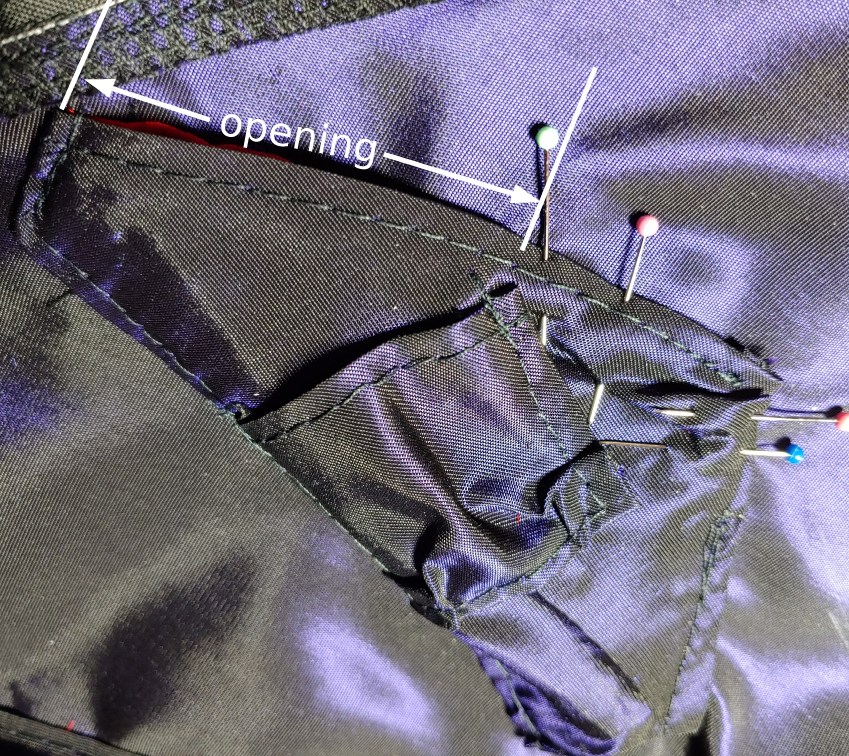 The opening left in the back panel, the other sections of the panel pinned down for sewing. The opening is about 2-3" wide