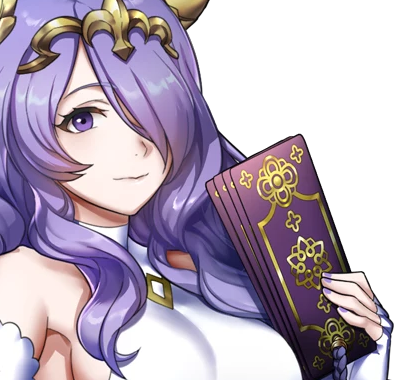 Adrift Camilla reference. A purple-haired woman in white holds 4 purple ofuda with gold designs in her hand.
