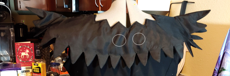 Back shoulder snap locations circled near the spine