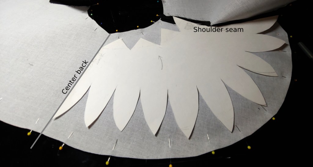 Matching the pattern to the registration marks and seams. A gray line marked with "center back" crosses the center of the pattern. The right side is marked "shoulder seam"