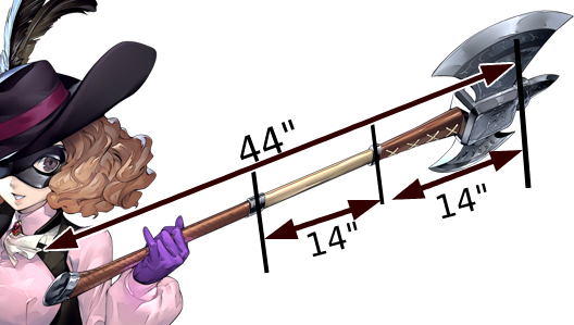 Guestimating measurements using reference art. Above the axe shows the full length of the PVC pipe at 44". Two of the segments are marked with 14"