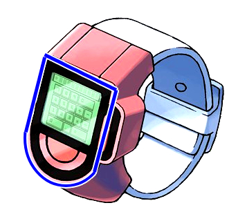 Poketch with face marked in blue. The shape is square at the top with the bottom edge rounded into a half circle