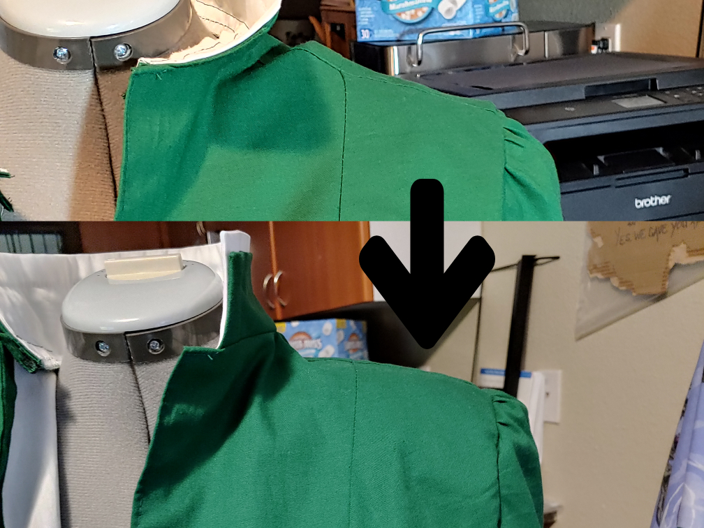 Shoulder pads raise the shoulders at an angle to provide proper structure, even on a dress form. Top image, the jacket shoulders are slumped and slouching. Bottom image, the shoulders appear more level.