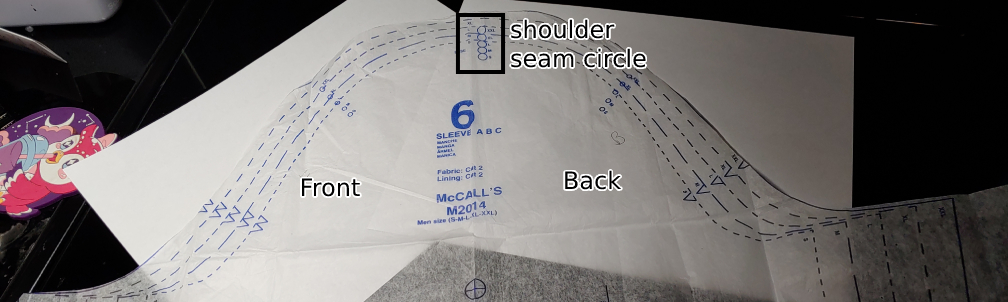 Parts of a sleeve head for a single pattern piece sleeve. At the top is the shoulder seam circle marked in a box. To the right of it is labeled "back" and to the left of it is labeled "front"