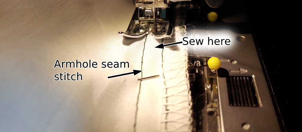 Sewing the sleeve head roll to the garment. On the left, an arrow points to the armhole seam stitch. on the right indicates where to stitch to attach the roll to the garment.