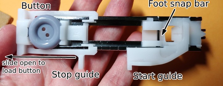 Parts of a buttonhole foot
Left-side text (from top to bottom)
- Button
- Slide open to load button (with an arrow pointing left)
- Stop guide
Right-side text
- foot snap bar (with an arrow pointing down to the bar)
- Start guide