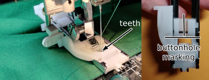 Lining the buttonhole marking up with the teeth. Left image shows the buttonhole foot on the machine with the teeth indicated by an arrow. Right shows the buttonhole foot from above with an upside-down T shape marked next to the teeth