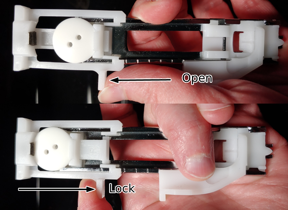 Opening and closing the buttonhole foot to lock the button in place.

The top image shows the top section of the buttonhole foot fully opened and a button placed in the slot.

The bottom section shows the top of the buttonhole foot pushed down and the button is fully locked in place.