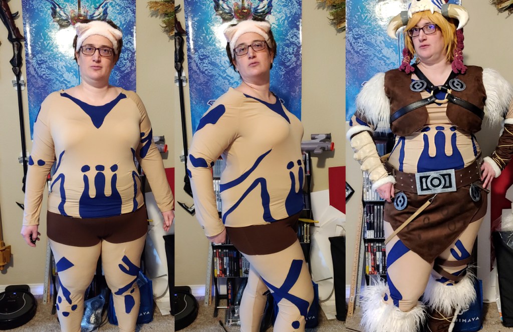 Color-blocked body paint shirt and pants used for Link using tight 3-strand narrow serged stitches