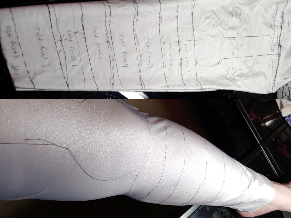 Drawing on myself to make Kohga's pants. Bottom is the pants on my leg with pen lines marked and top has each piece labeled in the final pattern