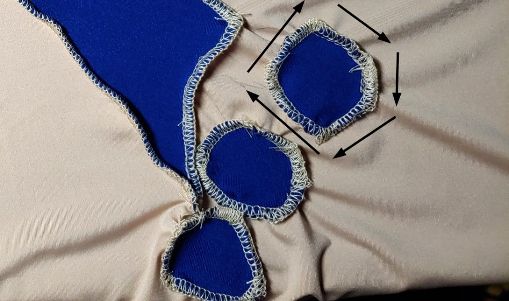 Tight circles sewn in segments to create a curved shape. Five arrows round the circle to show how the segments were sewn.