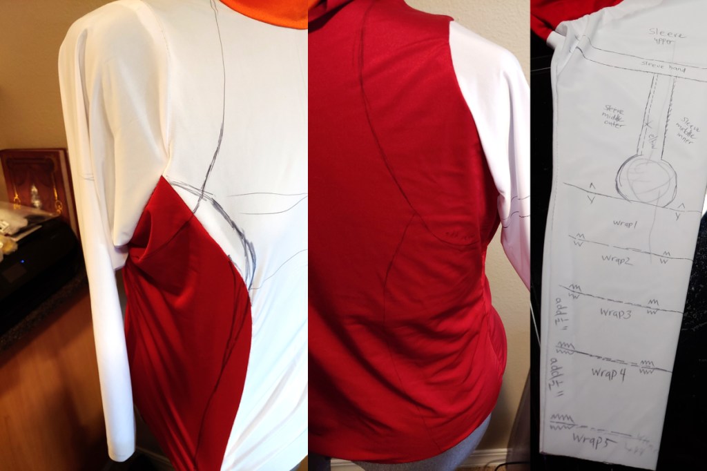 Front, back, and sleeve of Kohga's shirt. Extra color blocks are added to the shoulders and the front seamline is moved slightly. A back seamline is added to match. The bust and elbows are lightly marked on the fabric.