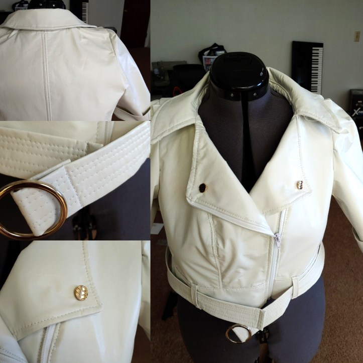 Several images of a white jacket that zips up the front slightly off-center. The jacket belongs to Lady from Devil May Cry. The left shows the full jacket zipped up while the right shows several close-ups of the details. From top to bottom, the jacket back, a closeup of the belt, and a closeup of the lapels.