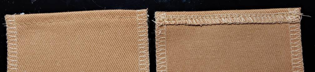 Top hem sewn down showing both right side (left) and wrong side (right) of the fabric