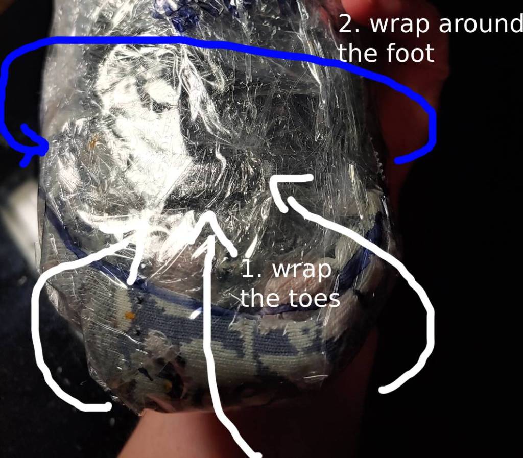How to properly wrap your toes and keep the cling wrap from falling off. White arrows "1. wrap the toes". Blue arrows "2. wrap around the foot"