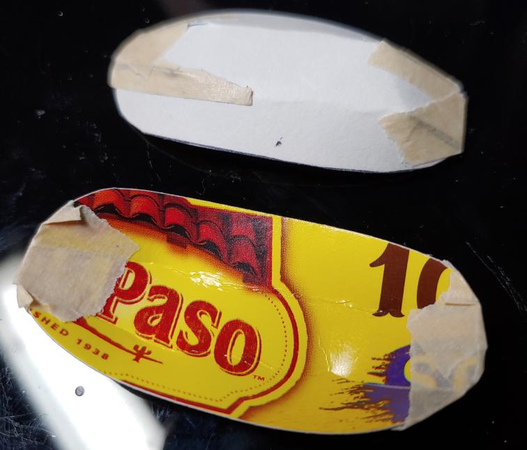 Base pieces taped together with masking tape. Some of the tape had to be folded underneath to get it to sit right. The one on the bottom us upside down to show the underside.