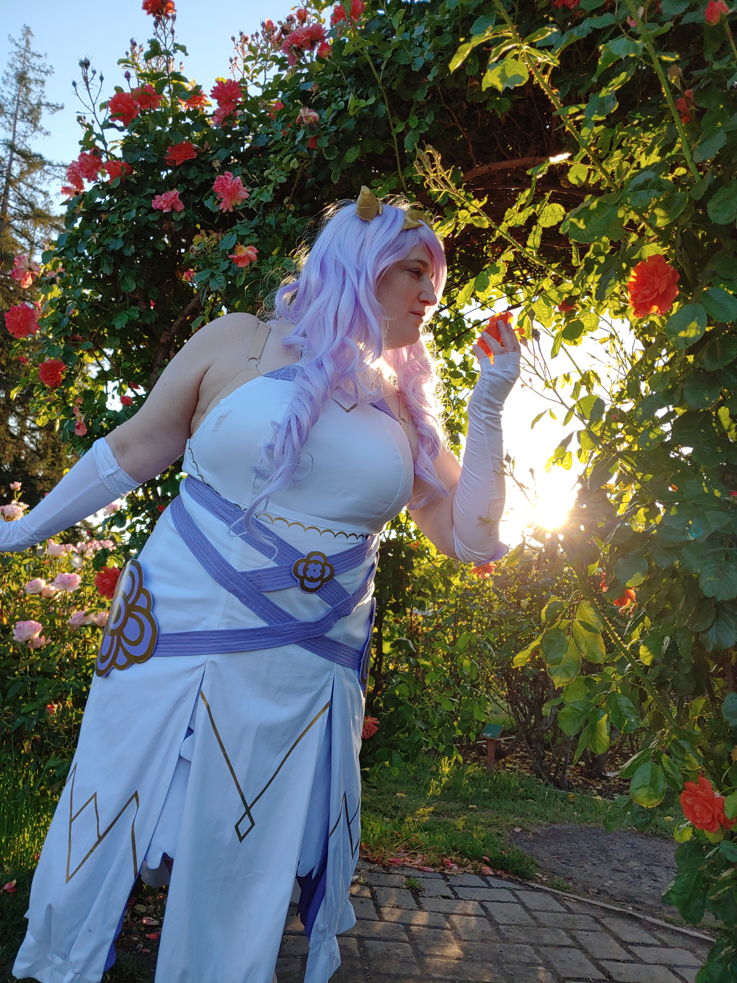 Camilla leaning over to smell the roses with a sunset behind.