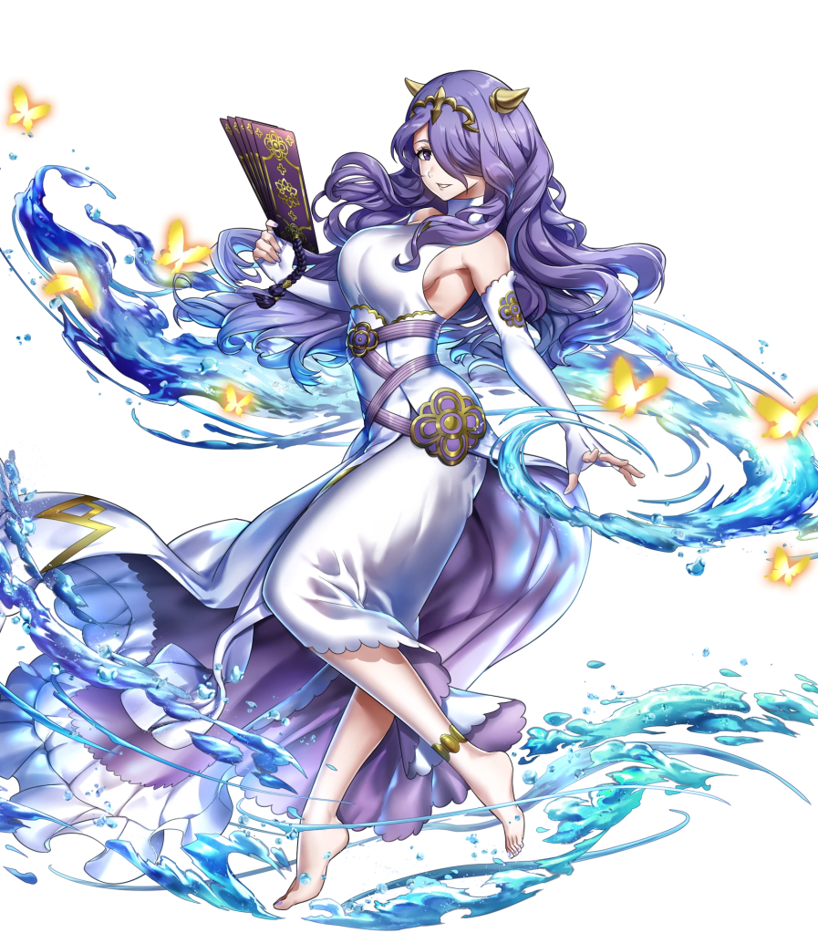Camilla reference. she's turned sideways casting blue water magic with gold butterflies flying about.