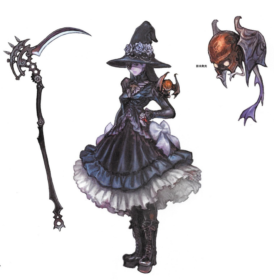 Edda Blackbosom concept art with her scythe on the left and Avere on the right.