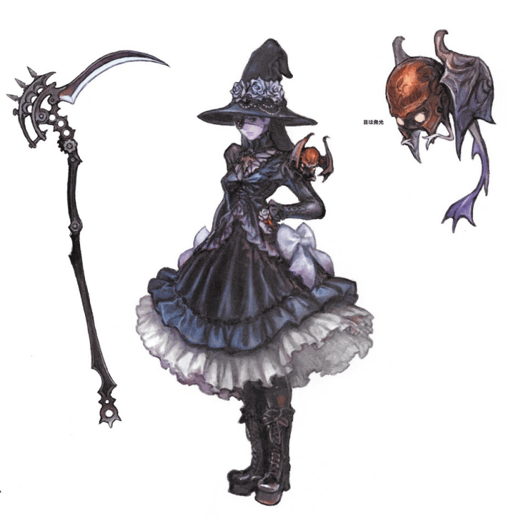 Edda Blackbosom concept art with her scythe on the left and Avere on the right.